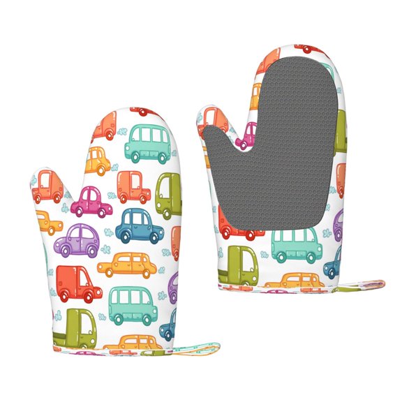 Hirioo Doodle Cars for Silicone Oven Mitts for BBQ, Baking, Cooking, Set of 2, Heat Resistant 260, Non-Slip Kitchen Essentials