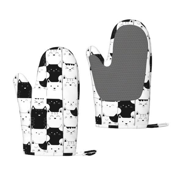 Hirioo Doodle Cute Cat for Silicone Oven Mitts for BBQ, Baking, Cooking, Set of 2, Heat Resistant 260, Non-Slip Kitchen Essentials