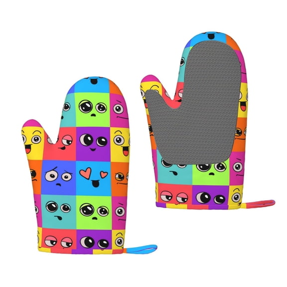 Hirioo Doodle Faces Emotions for Silicone Oven Mitts for BBQ, Baking, Cooking, Set of 2, Heat Resistant 260, Non-Slip Kitchen Essentials