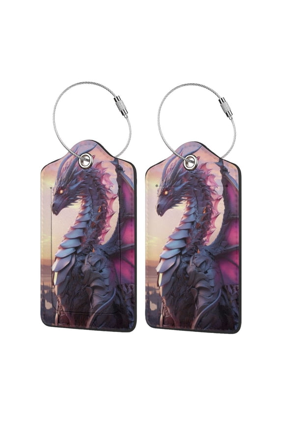 Dragon Print Leather Luggage Tag with Stainless Steel Loop ,Privacy Flap and Address Card for Travel Bag Suitcase-1