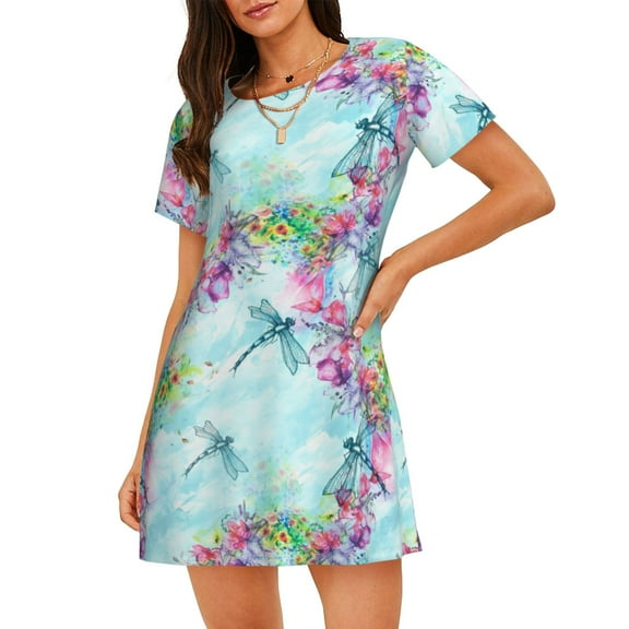 Hirioo Dragonfly Floral for Women's Nightdress Comfortable Short Sleeve Nightwear Casual Sleep Dress
