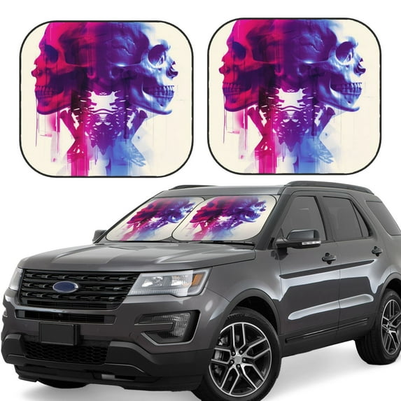Hirioo Dual Skulls Colorful Fusion for 2PCS Windshield Sun Shade Foldable | Front Windshield Shade for Sun, Heat and UV Rays-Small