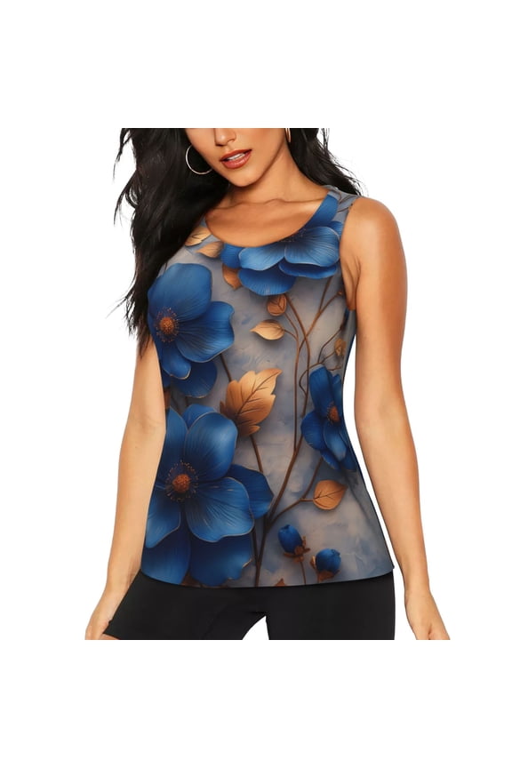 Elegant Blue Gold Blooms for Women's Workout Tank Top Sleeveless Workout Tops Athletic Gym Shirts-XX-Large