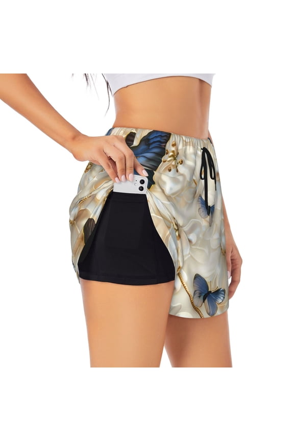 Elegant Butterflies And Pearls for Women's Double Layer Athletic Shorts High-Performance Gym Shorts with Inner Pocket, Elastic Waistband-Small
