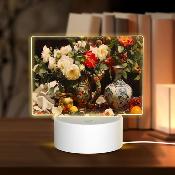 Hirioo Elegant Still Life Roses for Rectangular Acrylic with Night Light Best Gifts for Lover Girl Mom, Valentine's Day Anniversary Birthday Wedding Present
