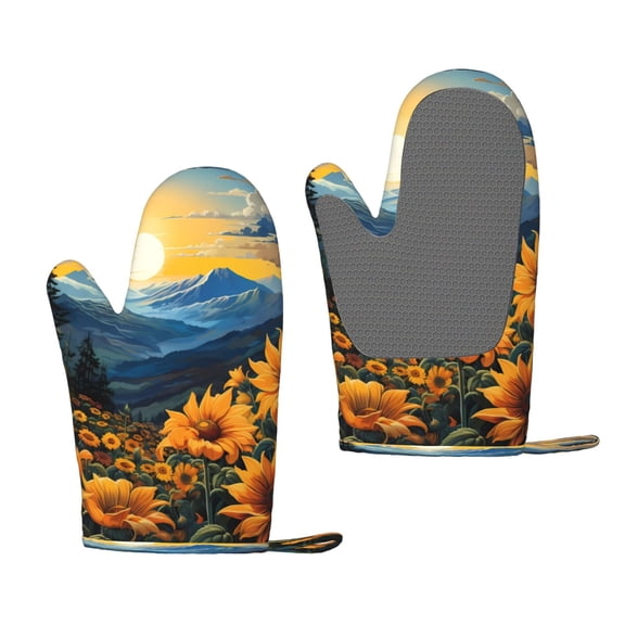 Hirioo Elegant Sunset Sunflower for Silicone Oven Mitts for BBQ, Baking, Cooking, Set of 2, Heat Resistant 260, Non-Slip Kitchen Essentials