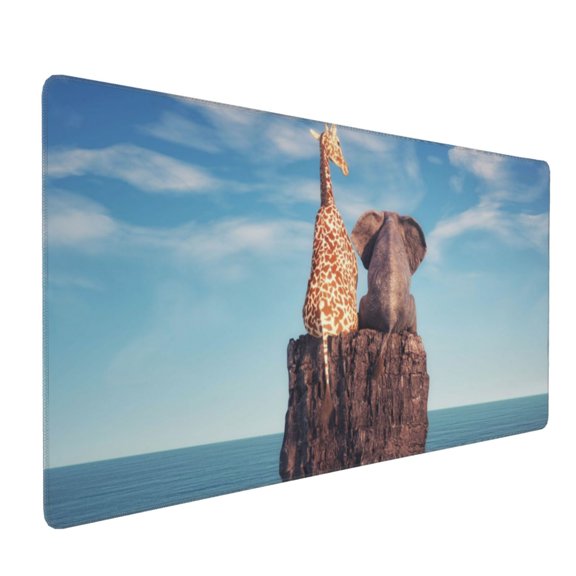 Hirioo Elephant And A Giraffe Sitting On A Rock Admiring The Ocean for Mouse Pad ,Anti-Slip Base, Durable Stitched Edges, Perfect for Gaming, Office, and Home Use,16x35.5in