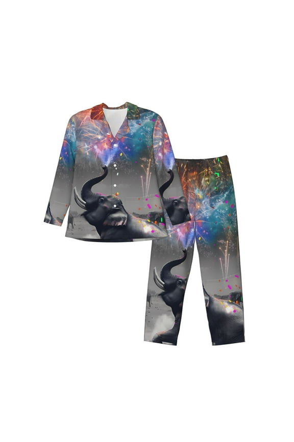 Elephant Fireworks Celebration for Men's Pajama Sets 2 Piece Pjs Men's Long-Sleeved Pajama Set Button Down Sleepwear,S-XXL-