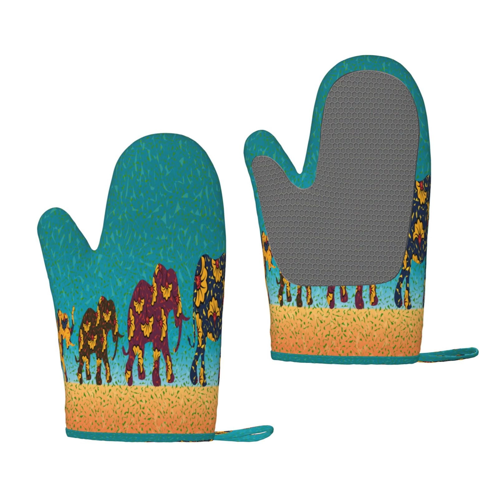 Hirioo Elephants for Silicone Oven Mitts for BBQ, Baking, Cooking, Set of 2, Heat Resistant 260℃, Non-Slip Kitchen Essentials