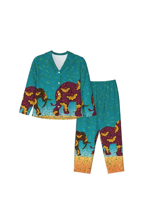 Elephants for Women's Pajama Sets 2 Piece Pjs Women's Long-Sleeved Pajama Set Button Down Sleepwear,S-XXL-X-Large