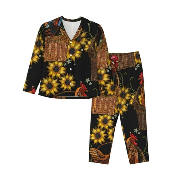Hirioo Embroidery Chicken Rooster for Women's Pajama Sets 2 Piece Pjs Women's Long-Sleeved Pajama Set Button Down Sleepwear,S-XXL-XX-Large