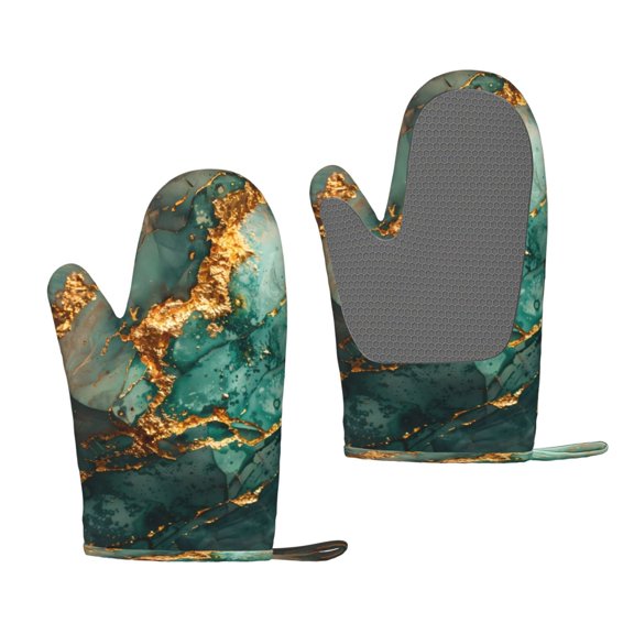 Hirioo Emerald Color Gold Marble for Silicone Oven Mitts for BBQ, Baking, Cooking, Set of 2, Heat Resistant 260, Non-Slip Kitchen Essentials