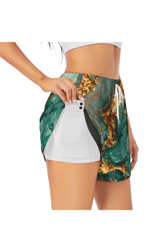 Emerald Color Gold Marble for Women's Double Layer Athletic Shorts High-Performance Gym Shorts with Inner Pocket, Elastic Waistband-X-Large