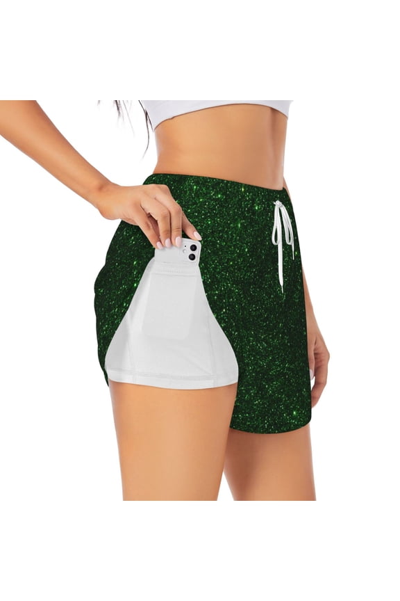 Emerald Green Sparkling for Women's Double Layer Athletic Shorts High-Performance Gym Shorts with Inner Pocket, Elastic Waistband-Medium