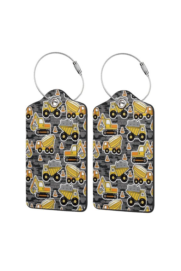 Excavator At Work Print Leather Luggage Tag with Stainless Steel Loop ,Privacy Flap and Address Card for Travel Bag Suitcase-1