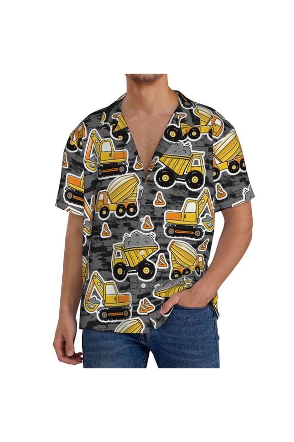 Excavator At Work for Men's Cuban Collar Short Sleeve Shirt Button Down Shirt Beach Summer Shirts Wedding Vacation Shirts-Large