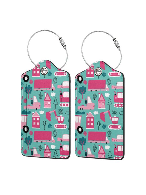 Excavator Print Leather Luggage Tag with Stainless Steel Loop ,Privacy Flap and Address Card for Travel Bag Suitcase-1