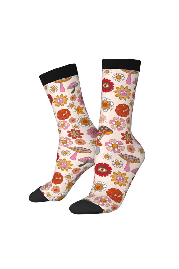 Fall 70s Groovy Hippie Pattern Adult Middle Tube Socks Breathable Sock Non-Pilling,Contrasting Color Design