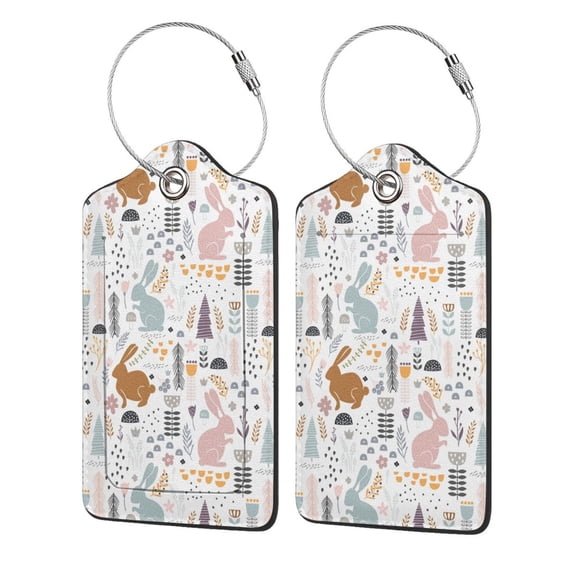 Hirioo Fall Rabbit Print Leather Luggage Tag with Stainless Steel Loop ,Privacy Flap and Address Card for Travel Bag Suitcase-4 PCS