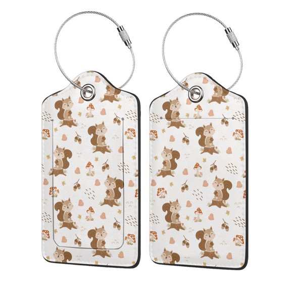 Hirioo Fall Squirrel Print Leather Luggage Tag with Stainless Steel Loop ,Privacy Flap and Address Card for Travel Bag Suitcase-2 PCS
