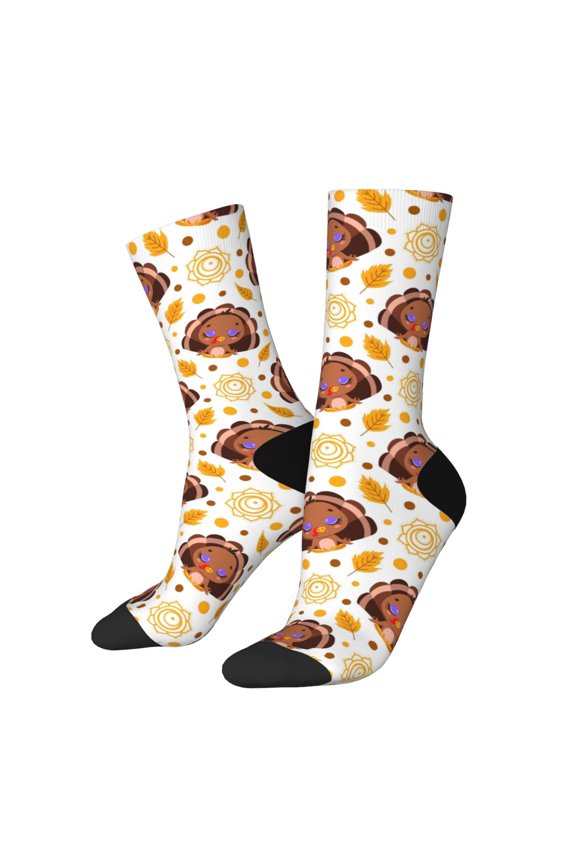 Fall Turkey Pattern Adult Middle Tube Socks Breathable Sock Non-Pilling,Contrasting Color Design