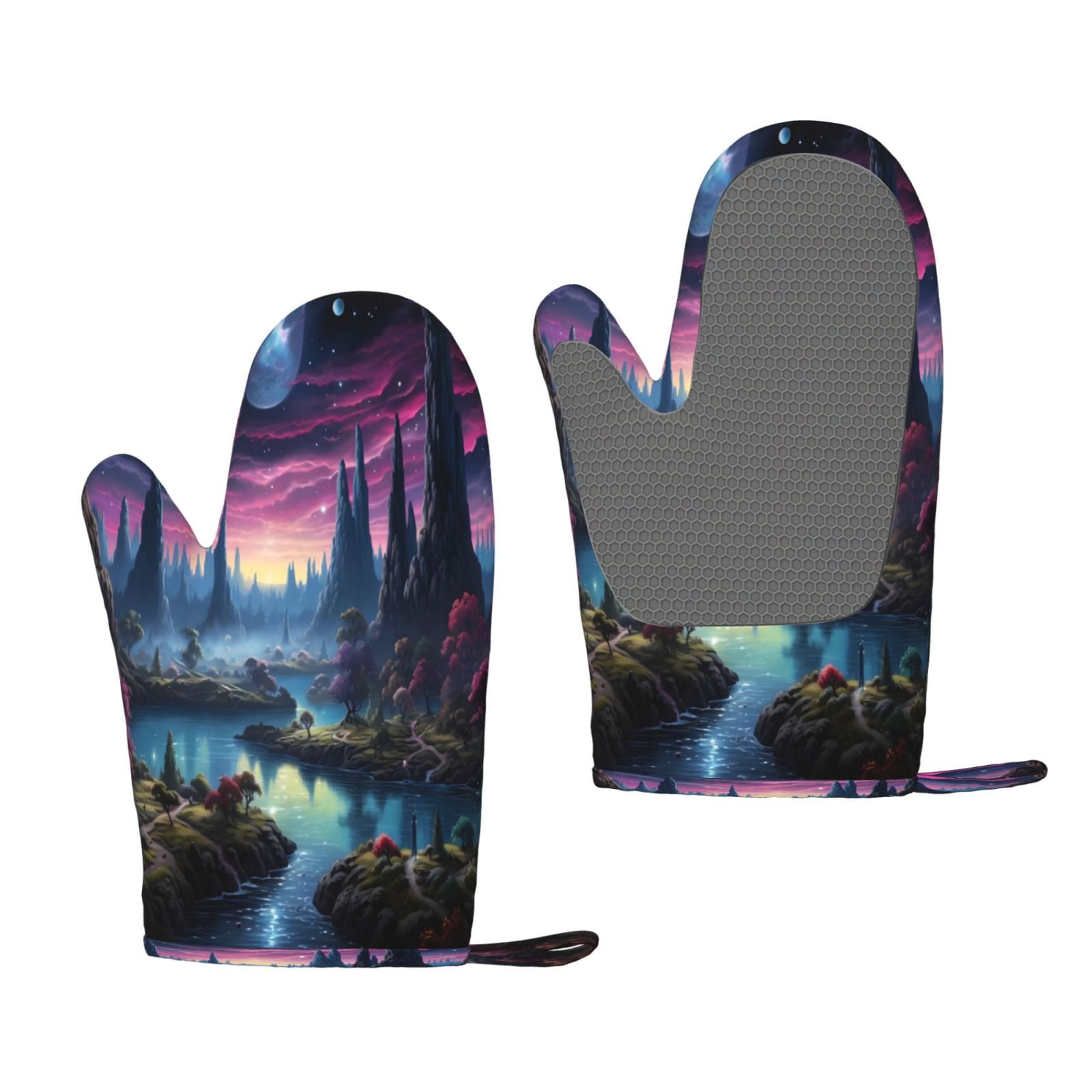 Hirioo Fantasy Landscape Starry Night for Silicone Oven Mitts for BBQ, Baking, Cooking, Set of 2, Heat Resistant 260℃, Non-Slip Kitchen Essentials