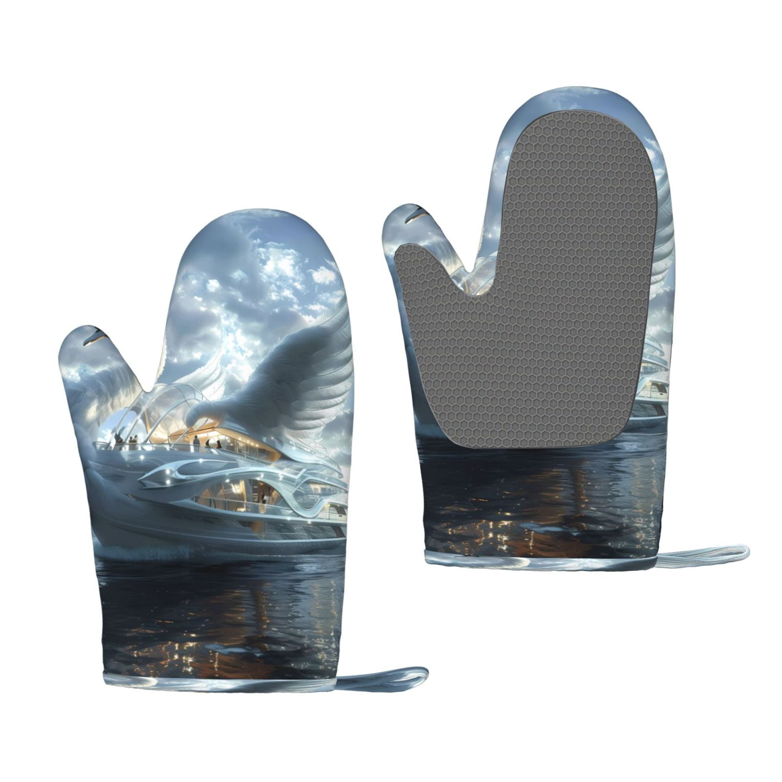 Hirioo Fantasy Swan Yacht Design for Silicone Oven Mitts for BBQ, Baking, Cooking, Set of 2, Heat Resistant 260℃, Non-Slip Kitchen Essentials