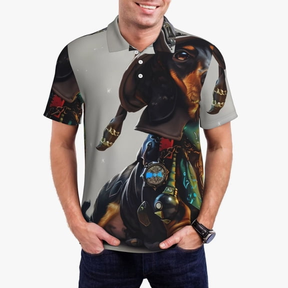 Hirioo Fantasy Wizard Dog Art for Men’s Polo Shirts Quick Dry Short Sleeve Golf T Shirt Performance Moisture Wicking Casual Workout,Sizes S-4XL-XX-Large