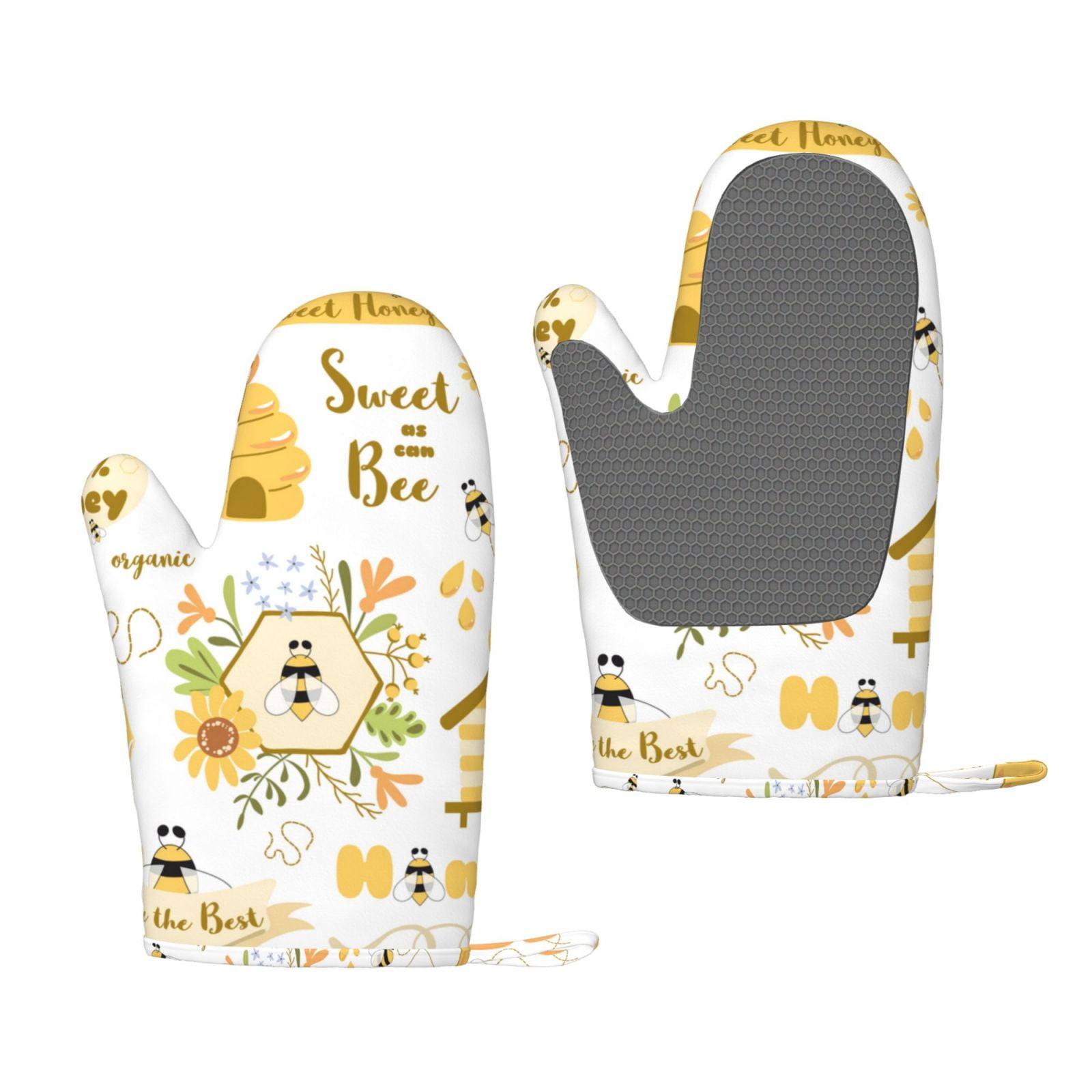 Hirioo Farm Bee Cute Honey for Silicone Oven Mitts for BBQ, Baking, Cooking, Set of 2, Heat Resistant 260℃, Non-Slip Kitchen Essentials