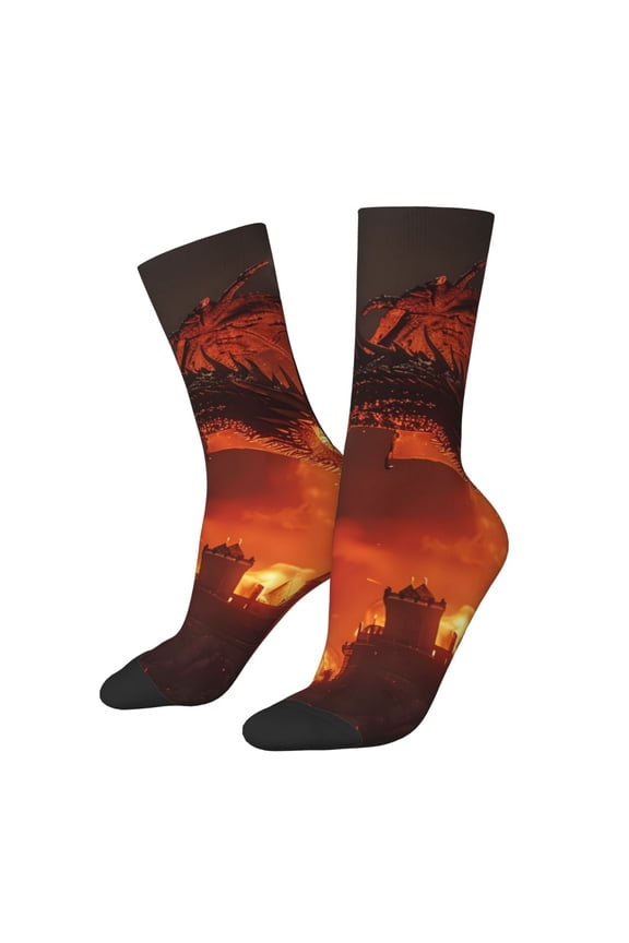 Fiery Dragons Castle Attack Pattern Adult Middle Tube Socks Breathable Sock Non-Pilling,Contrasting Color Design