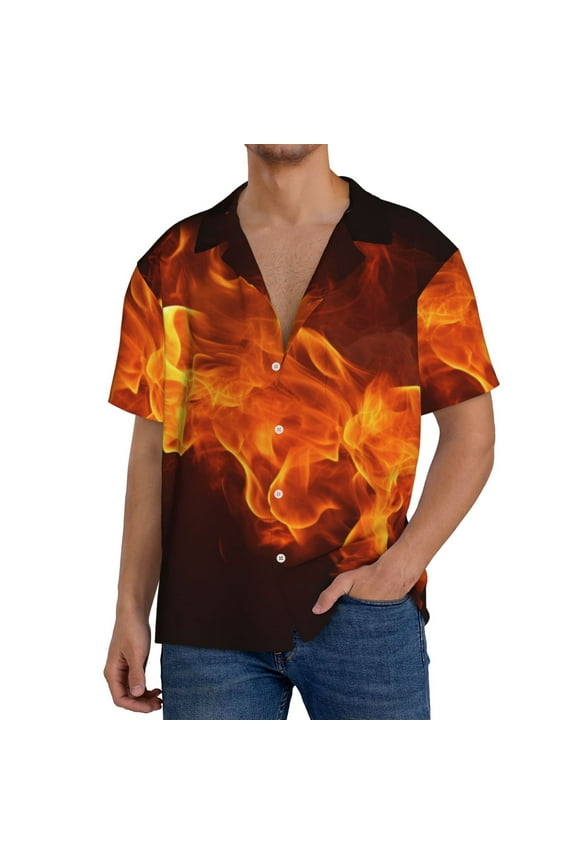 Fiery Orange Flames Energy for Men's Cuban Collar Short Sleeve Shirt Button Down Shirt Beach Summer Shirts Wedding Vacation Shirts-