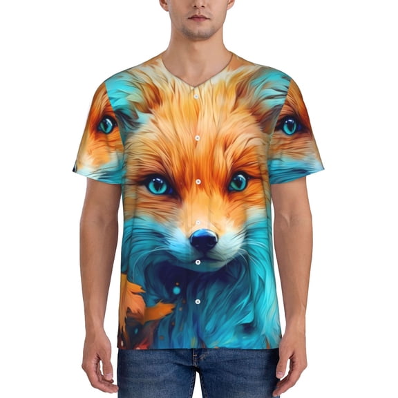 Hirioo Fiery Red Maple Leaf Fox for Men's Baseball T-shirt Shirts Short Sleeve Casual Summer Button Stretch T Shirts,Size S-4XL-Medium