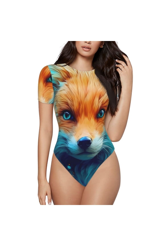 Fiery Red Maple Leaf Fox for Women's Round Neck Short-sleeved Onesie Basic Bodysuits-XX-Large