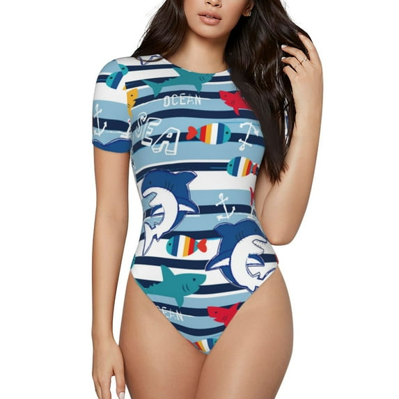 Hirioo Fish And Shark for Women's Round Neck Short-sleeved Onesie Basic Bodysuits-Medium