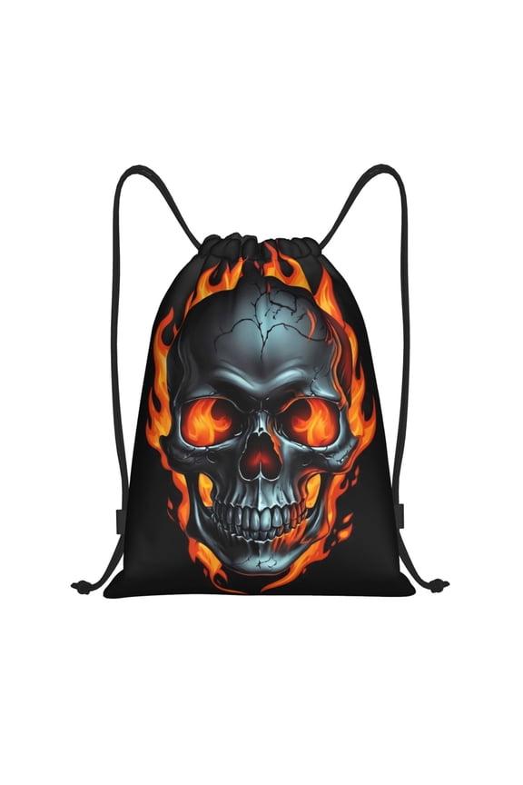 Flame Metal Skull Print Drawstring Backpack Bag Sport Versatile Sports Backpack for Gym, Travel, Swimming, Beach