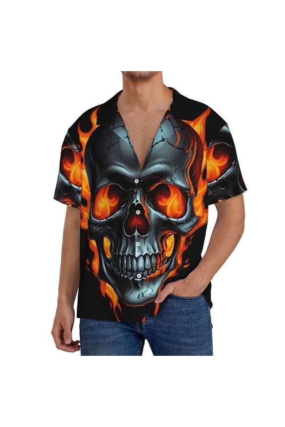Flame Metal Skull for Men's Cuban Collar Short Sleeve Shirt Button Down Shirt Beach Summer Shirts Wedding Vacation Shirts-
