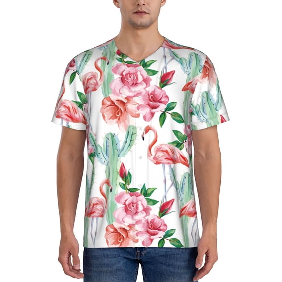 Hirioo Flamingo Flower for Men's Baseball T-shirt Shirts Short Sleeve Casual Summer Button Stretch T Shirts,Size S-4XL-4X-Large