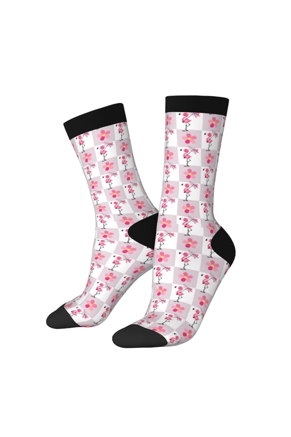 Flamingo On Checkered Pattern Adult Middle Tube Socks Breathable Sock Non-Pilling,Contrasting Color Design