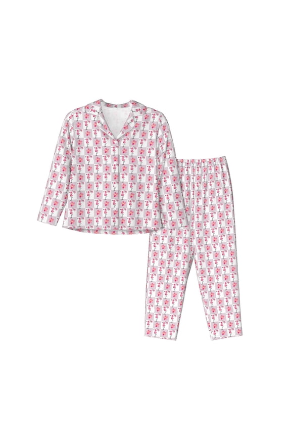Flamingo On Checkered for Women's Pajama Sets 2 Piece Pjs Women's Long-Sleeved Pajama Set Button Down Sleepwear,S-XXL-Small