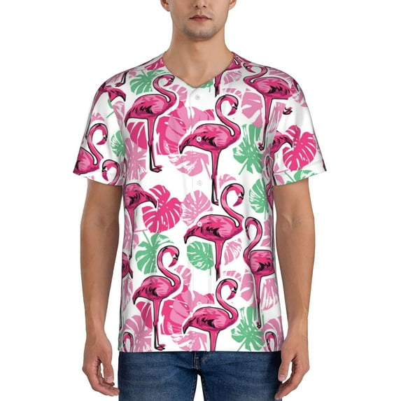 Hirioo Flamingo for Men's Baseball T-shirt Shirts Short Sleeve Casual Summer Button Stretch T Shirts,Size S-4XL-Medium