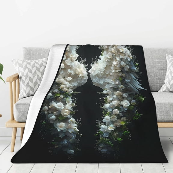 Hirioo Floral Angelic White Wings for Flannel Blanket, Cozy and Warm Throw for Bed or Couch ,Perfect for All Seasons-80"x60"