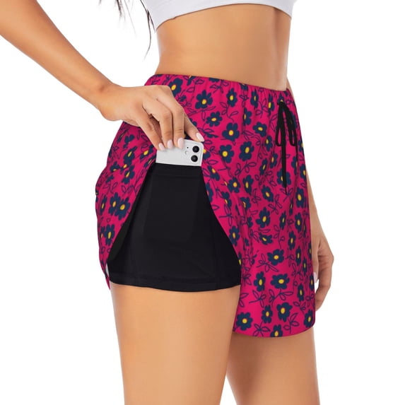 Hirioo Floral Colorful for Women's Double Layer Athletic Shorts High-Performance Gym Shorts with Inner Pocket, Elastic Waistband-Large