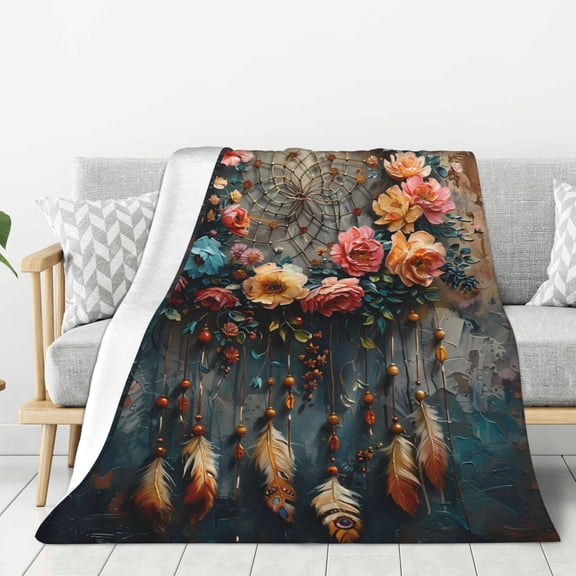 Hirioo Floral Dreamcatcher Elegance for Flannel Blanket, Cozy and Warm Throw for Bed or Couch ,Perfect for All Seasons-80"x60"