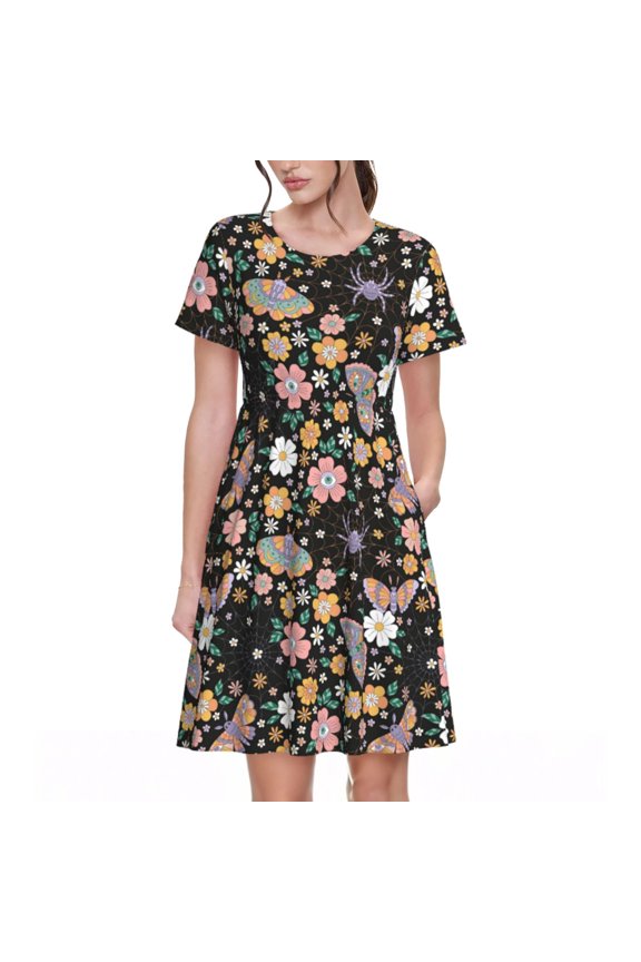Floral Insects for Short Sleeve Dress Women's Short Sleeve Dress with Pockets