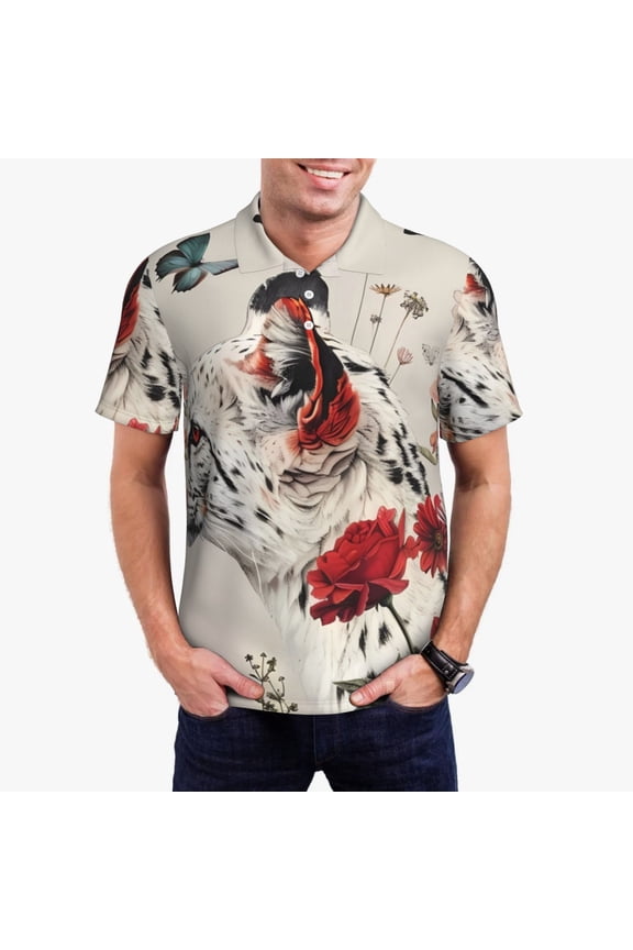 Floral Leopard Butterflies for Men’s Polo Shirts Quick Dry Short Sleeve Golf T Shirt Performance Moisture Wicking Casual Workout,Sizes S-4XL-4X-Large
