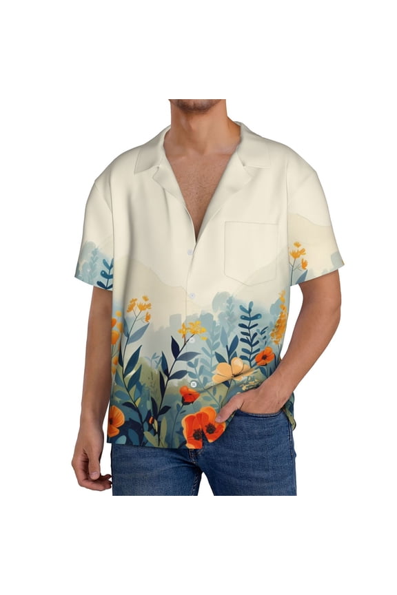 Floral Mountain Landscape for Men's Cuban Collar Short Sleeve Shirt Button Down Shirt Beach Summer Shirts Wedding Vacation Shirts-Medium