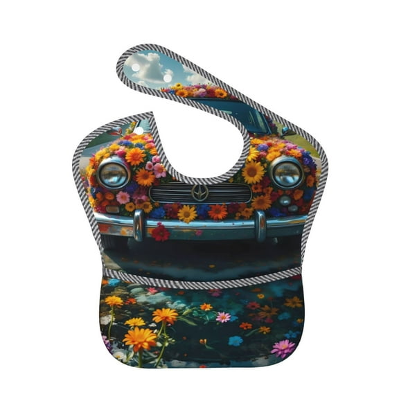 Hirioo Flower Covered Vintage Car for Baby Waterproof Pocket Bib Adjustable Closed for Babies Toddlers with Large Pocket 6-24Months