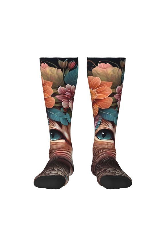 Flower Crown Cat for Adult Stockings Breathable Sock Non-Pilling,Contrasting Color Design