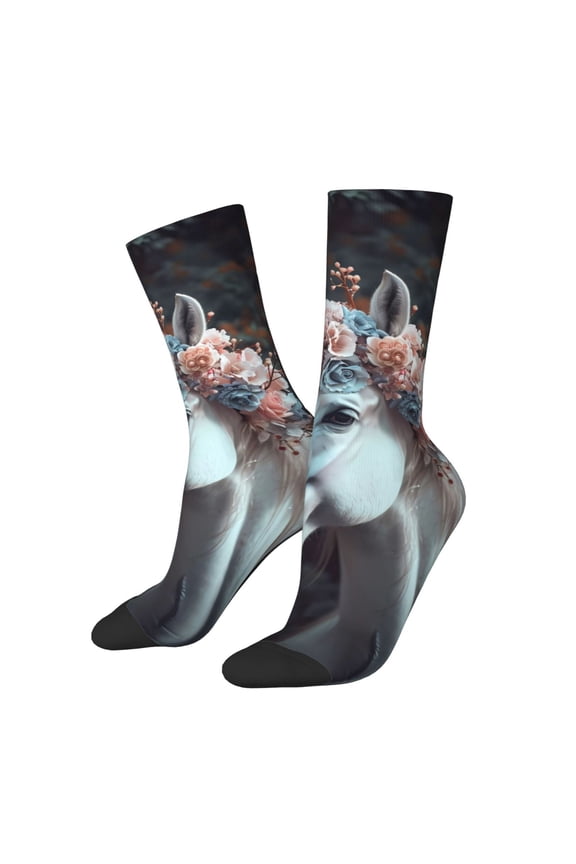 Flower Crown White Horse Pattern Adult Middle Tube Socks Breathable Sock Non-Pilling,Contrasting Color Design