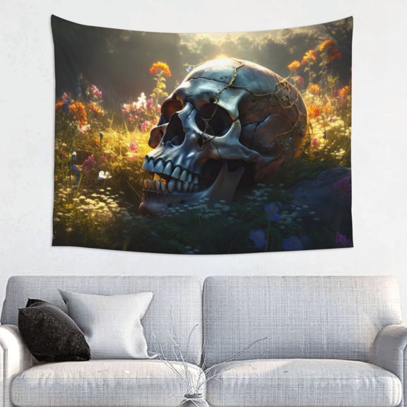 Hirioo Flower Field Skull Print Tapestry Lightweight Fabric for Bedroom Aesthetic Home Wall Dorm Décor Living Room Decor 29x37 Inch